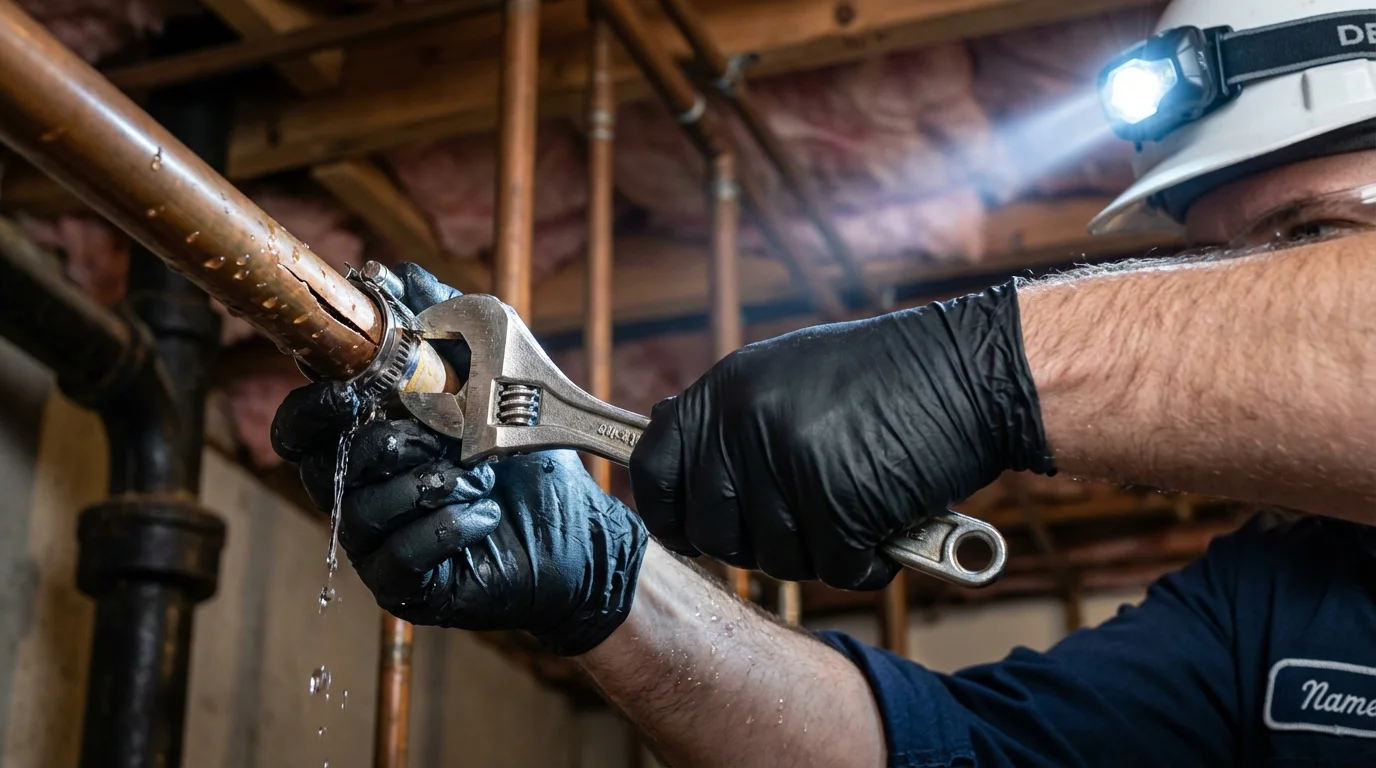 Emergency pipe clamp repair being performed by a Johns Plumbing LLC plumber in Edmonton