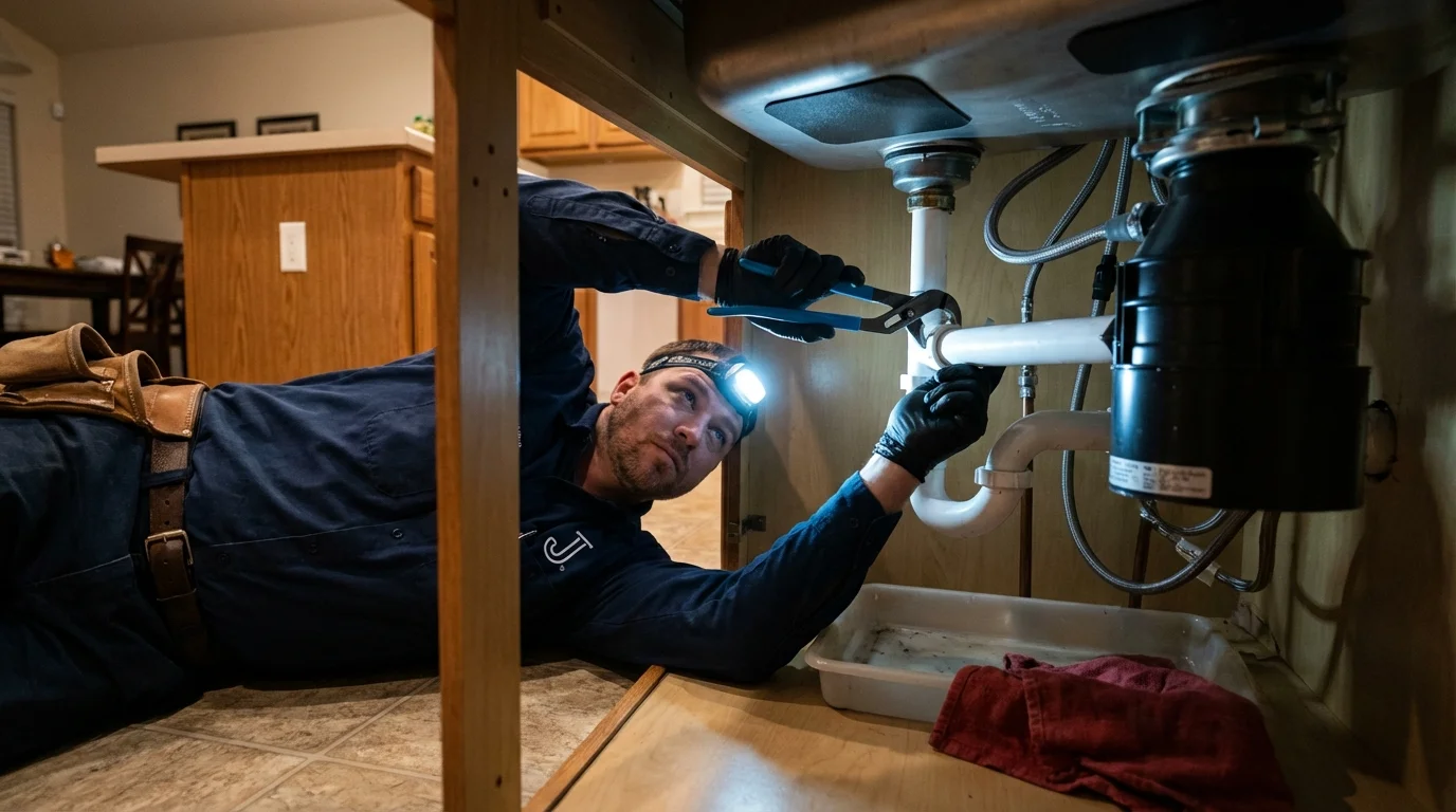 P-trap and supply line connections under a kitchen sink showing a common leak point in Edmonton, KY